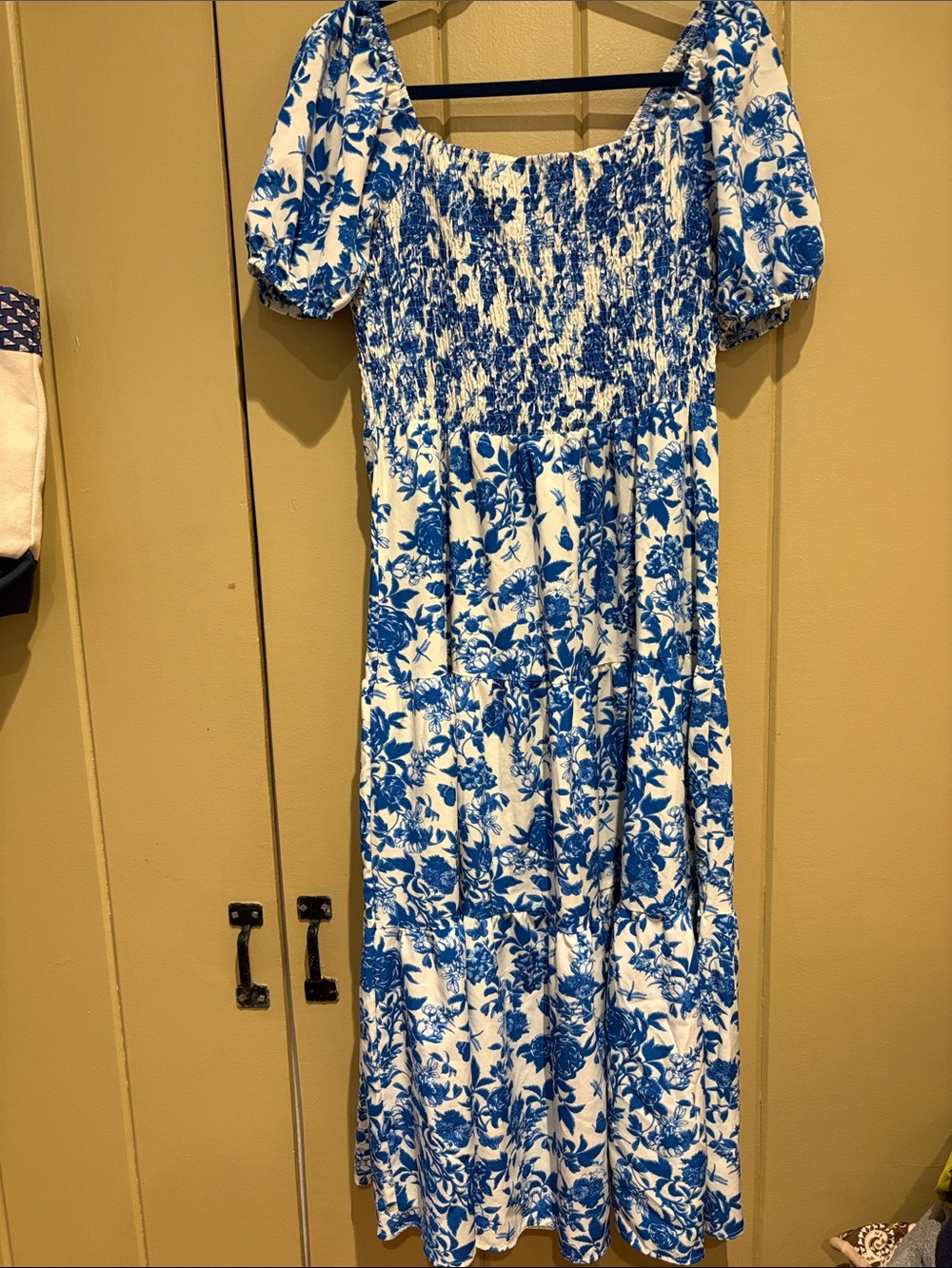 Blue and White Floral Smocked Maxi Dress. Size large